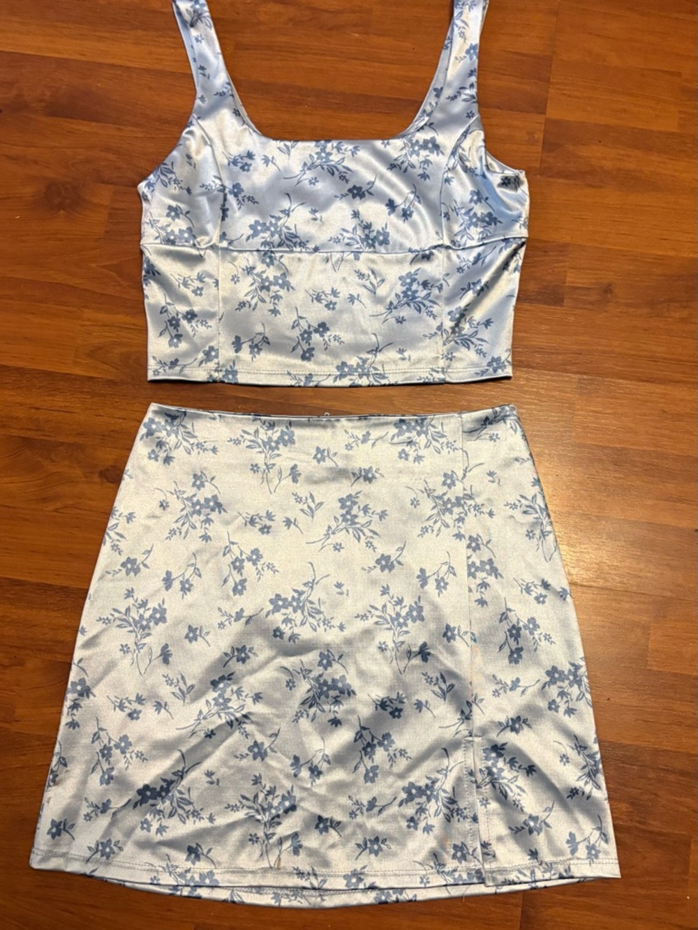 Altar'd State Light Blue Floral Satin Mini Skirt
